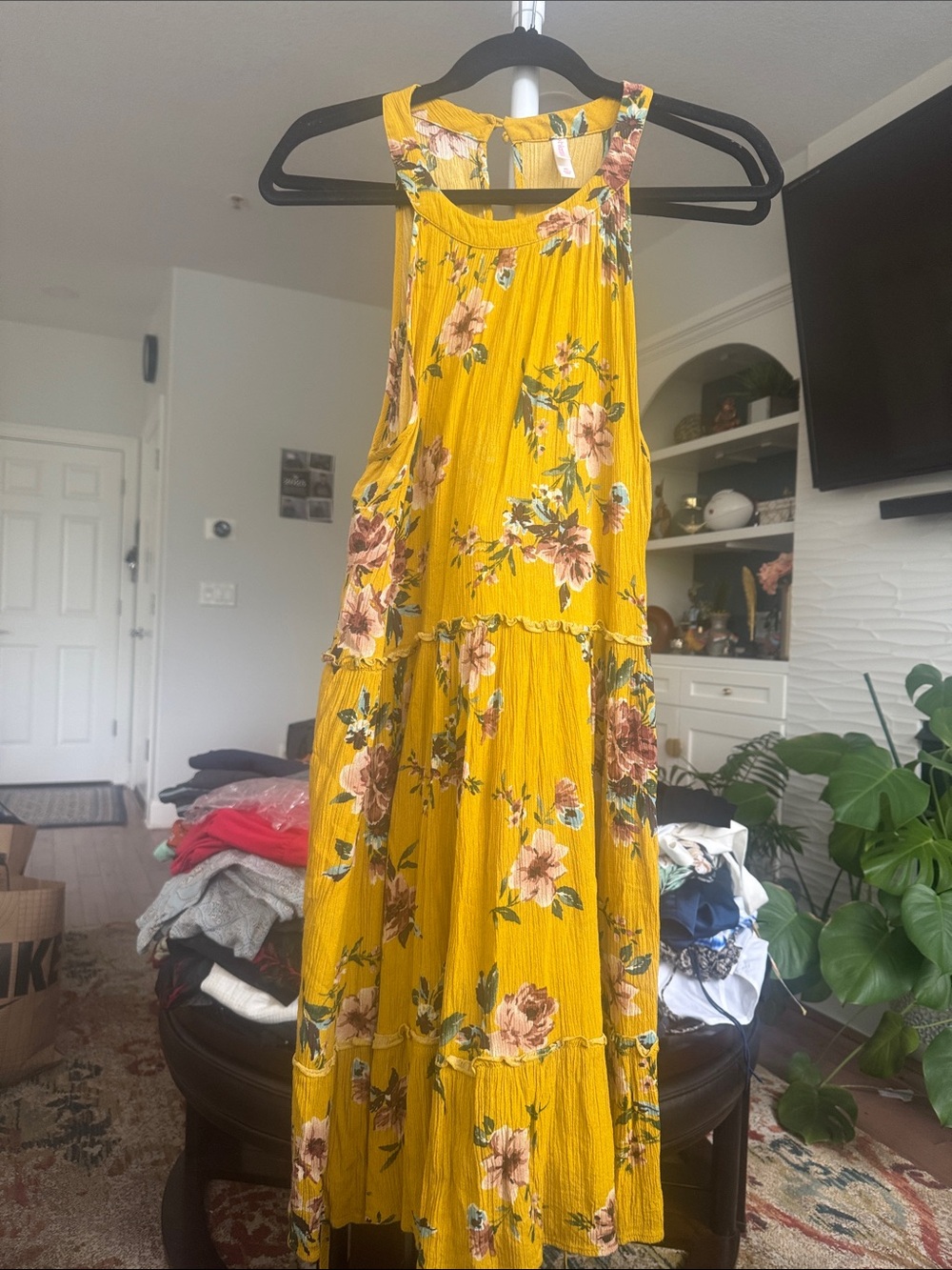 Xhilaration Mustard Yellow Floral Tiered Maxi Dress
